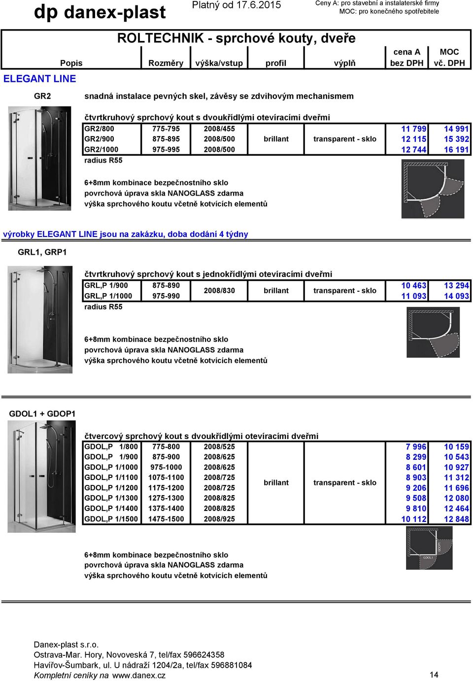 jednokřídlými otevíracími dveřmi GRL,P 1/900 875-890 10 463 13 294 2008/830 GRL,P 1/1000 975-990 11 093 14 093 6+8mm kombinace bezpečnostního sklo GDOL1 + GDOP1 čtvercový sprchový kout s dvoukřídlými