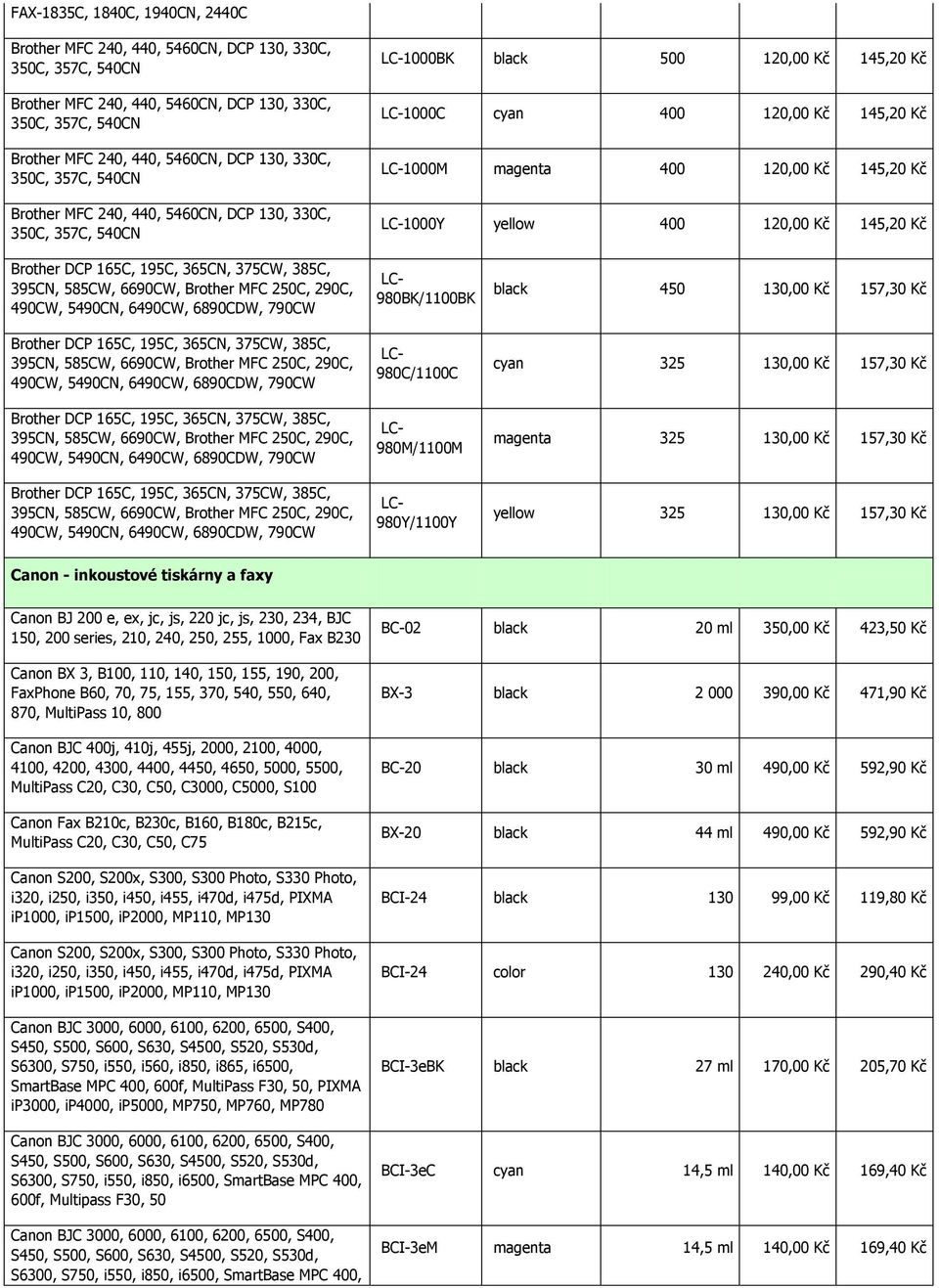 145,20 Kč LC-1000Y yellow 400 120,00 Kč 145,20 Kč Brother DCP 165C, 195C, 365CN, 375CW, 385C, 395CN, 585CW, 6690CW, Brother MFC 250C, 290C, 490CW, 5490CN, 6490CW, 6890CDW, 790CW Brother DCP 165C,