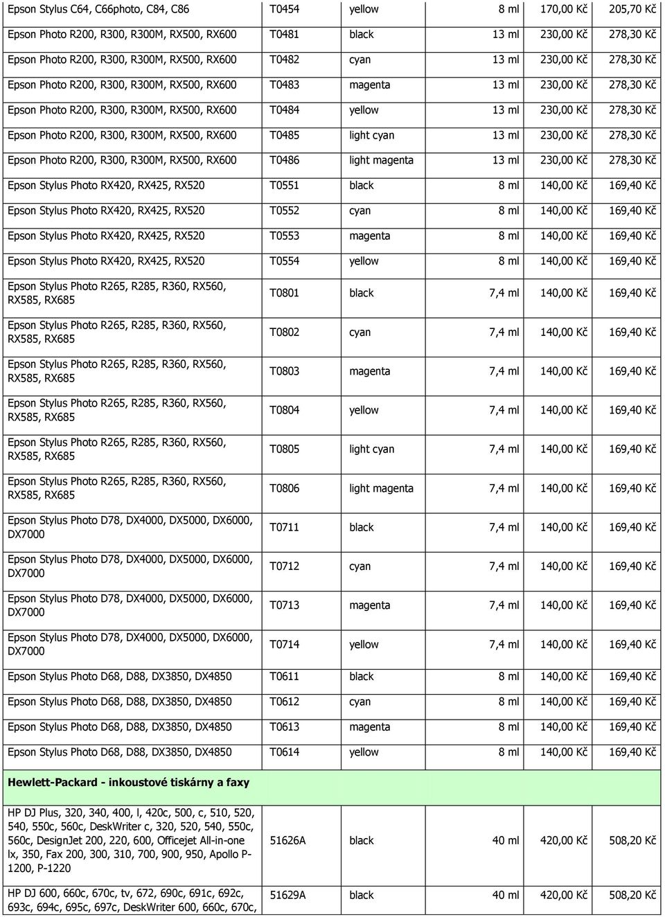 278,30 Kč Epson Photo R200, R300, R300M, RX500, RX600 T0485 light cyan 13 ml 230,00 Kč 278,30 Kč Epson Photo R200, R300, R300M, RX500, RX600 T0486 light magenta 13 ml 230,00 Kč 278,30 Kč Epson Stylus