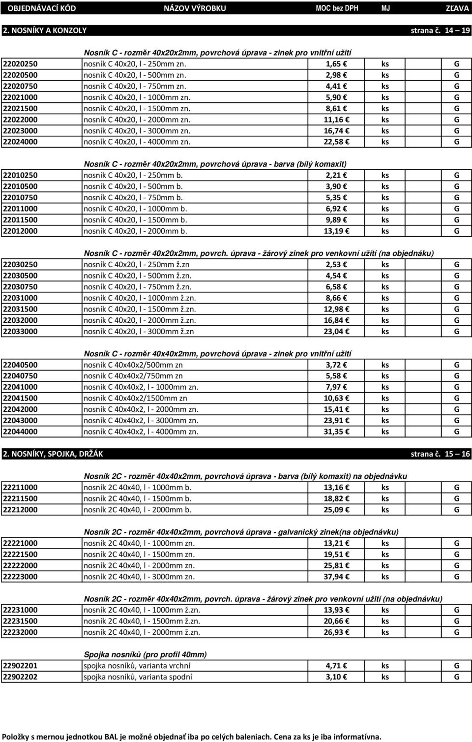 11,16 ks G 22023000 nosník C 40x20, l - 3000mm zn. 16,74 ks G 22024000 nosník C 40x20, l - 4000mm zn.