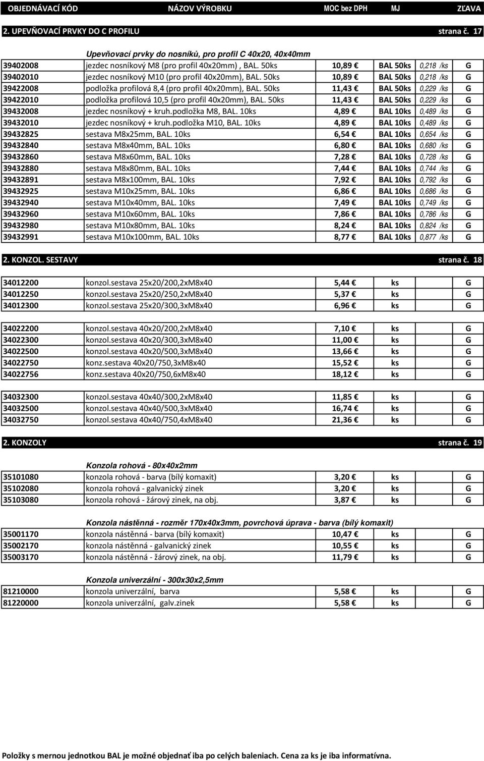 50ks 11,43 BAL 50ks 0,229 /ks G 39422010 podložka profilová 10,5 (pro profil 40x20mm), BAL. 50ks 11,43 BAL 50ks 0,229 /ks G 39432008 jezdec nosníkový + kruh.podložka M8, BAL.