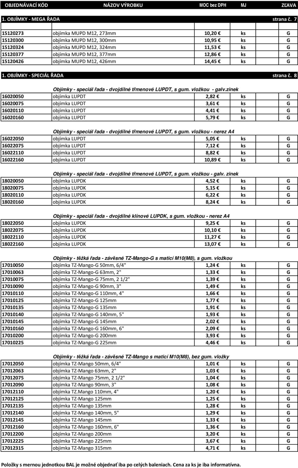 M12, 426mm 14,45 ks G 1. OBJÍMKY - SPECIÁL ŘADA strana č. 8 Objímky - speciál řada - dvojdílné třmenové LUPDT, s gum. vložkou - galv.