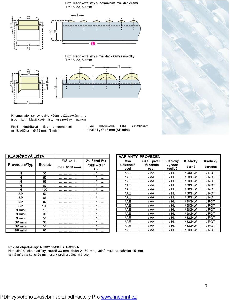 Zvláštní řez Provedení/Typ Rozteč /SKF = S1 / (max. 6500 mm) S2 N 33.... / N 50.... / N 66.... / N 83.... / N 100.... / SP 50.... / SP 66.... / SP 83.... / SP 100.... / N mini 16.... / N mini 33.