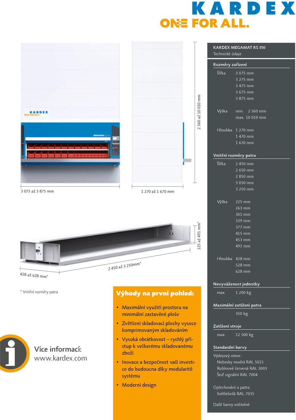 mm 377 mm 415 mm 453 mm 491 mm 428 až 628 mm* 2 450 až 3 250mm* Hloubka 428 mm 528 mm 628 mm Nevyváženost jednotky * Vnitřní rozměry patra Výhody na první pohled: max. 1 200 kg Více informací: www.
