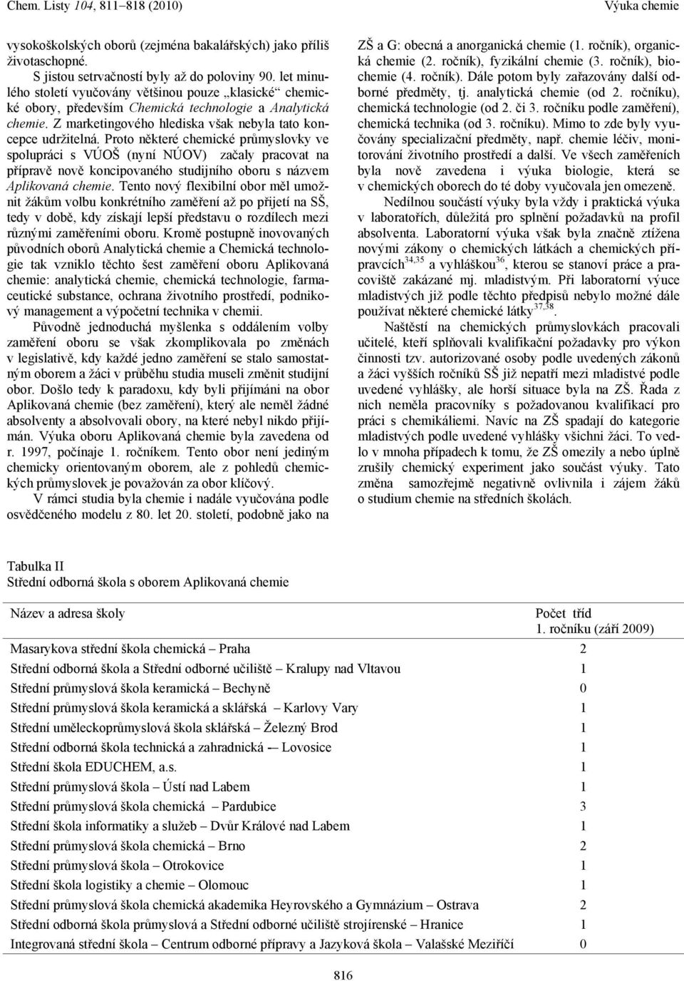 Proto některé chemické průmyslovky ve spolupráci s VÚOŠ (nyní NÚOV) začaly pracovat na přípravě nově koncipovaného studijního oboru s názvem Aplikovaná chemie.