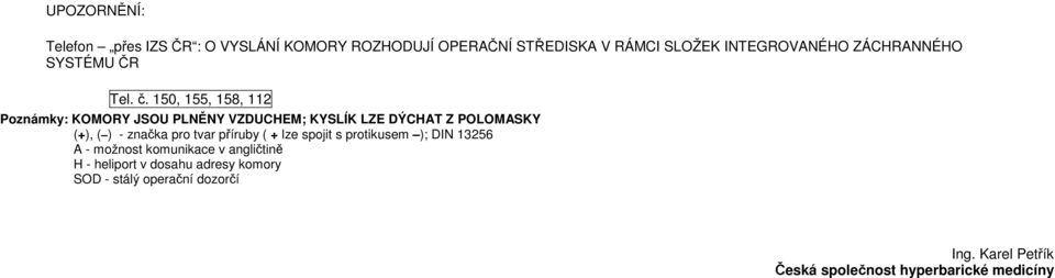 50, 55, 58, Poznámky: KOMORY JSOU PLNĚNY VZDUCHEM; KYSLÍK LZE DÝCHT Z POLOMSKY (+), ( ) - značka pro tvar