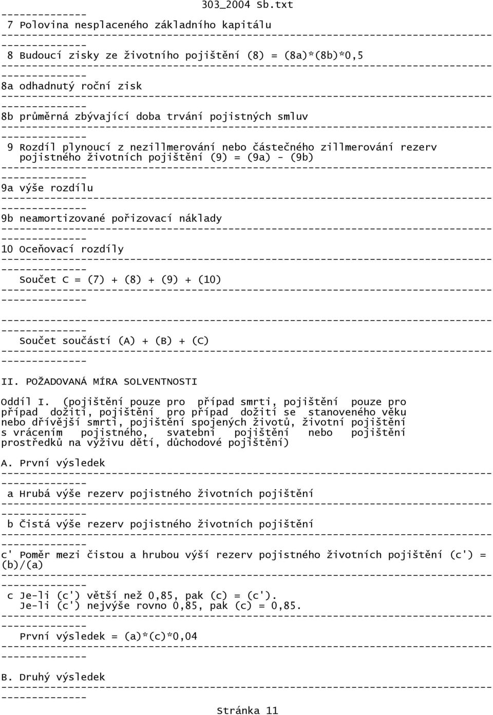 (9) + (10) Součet součástí (A) + (B) + (C) II. POŽADOVANÁ MÍRA SOLVENTNOSTI Oddíl I.