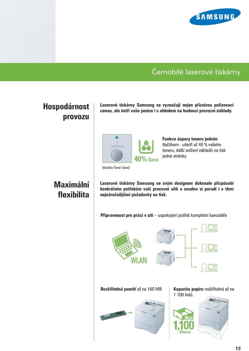 Funkce úspory toneru jedním tlačítkem - ušetří až 40 % vašeho toneru, další snížení nákladů na tisk jedné stránky [tlačítko Toner Save] Maximální flexibilita