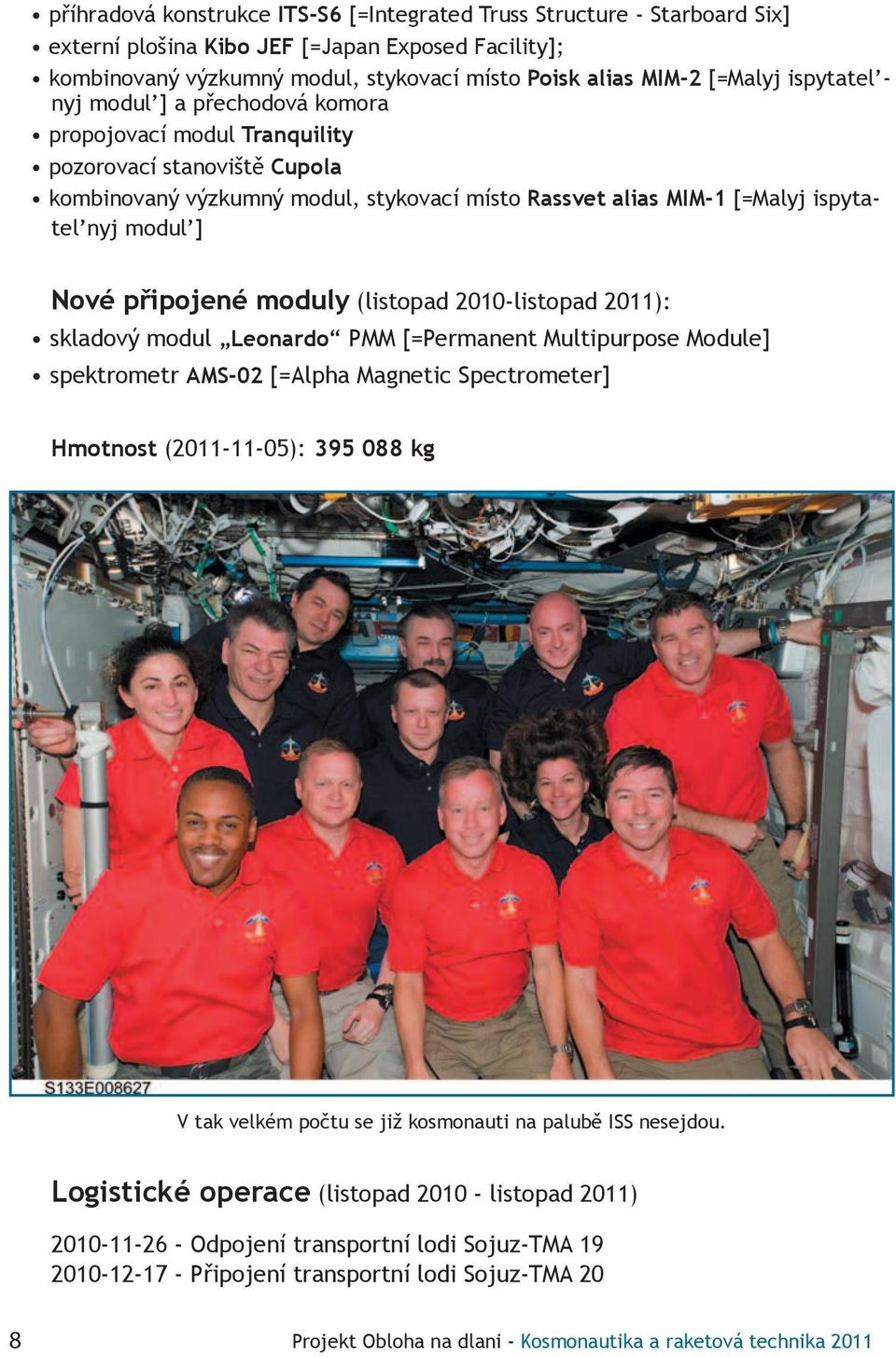 Nové připojené moduly (listopad 2010-listopad 2011): skladový modul Leonardo PMM [=Permanent Multipurpose Module] spektrometr AMS-02 [=Alpha Magnetic Spectrometer] Hmotnost (2011-11-05): 395 088 kg V