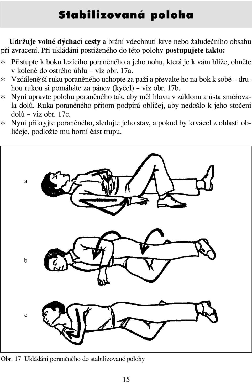 Vzdálenější ruku poraněného uchopte za paži a převalte ho na bok k sobě druhou rukou si pomáháte za pánev (kyčel) viz obr. 17b.