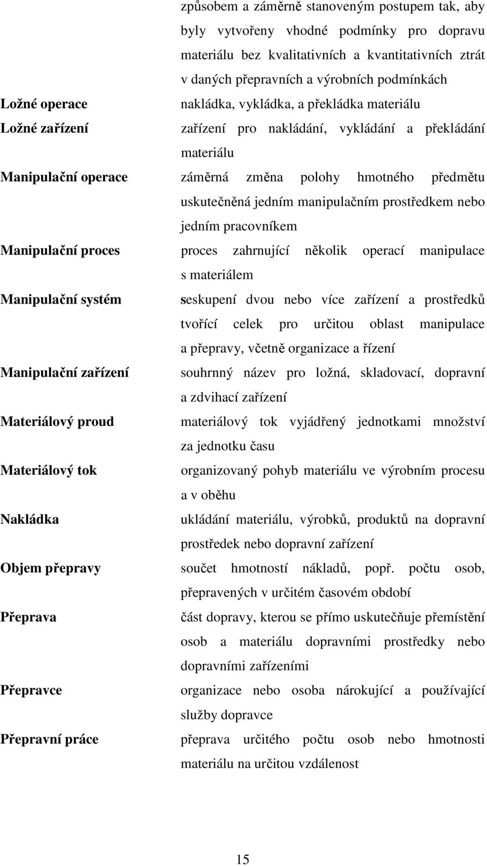 manipulačním prostředkem nebo jedním pracovníkem Manipulační proces proces zahrnující několik operací manipulace s materiálem Manipulační systém seskupení dvou nebo více zařízení a prostředků tvořící