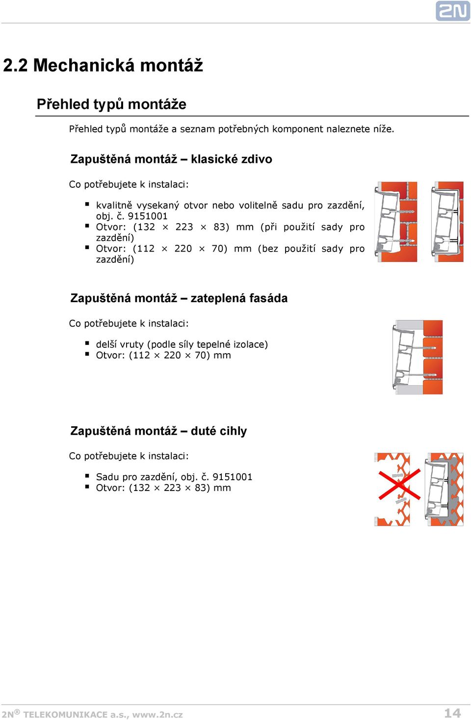 9151001 Otvor: (132 223 83) mm (při použití sady pro zazdění) Otvor: (112 220 70) mm (bez použití sady pro zazdění) Zapuštěná montáž zateplená