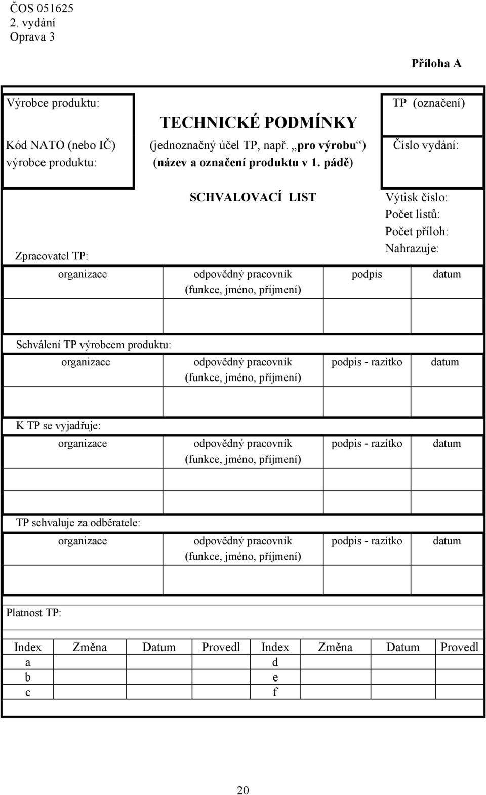 datum Schválení TP výrobcem produktu: organizace odpovědný pracovník (funkce, jméno, příjmení) podpis - razítko datum K TP se vyjadřuje: organizace odpovědný pracovník (funkce, jméno,