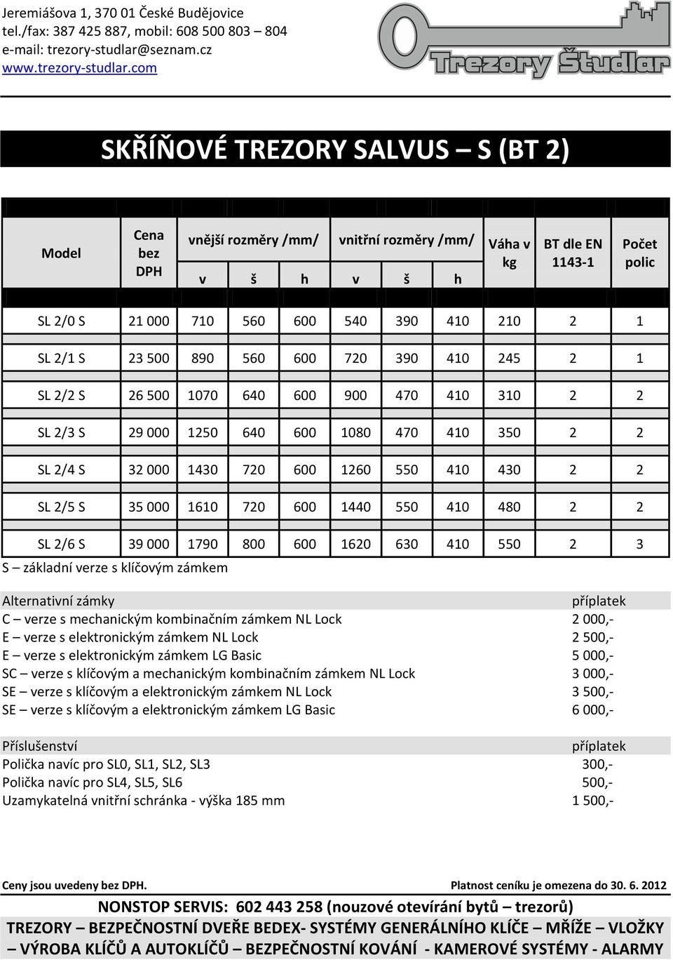 600 1440 550 410 480 2 2 SL 2/6 S 39 000 1790 800 600 1620 630 410 550 2 3 S základní verze s klíčovým zámkem Alternativní zámky C verze s mechanickým kombinačním zámkem NL Lock 2 000,- E verze s