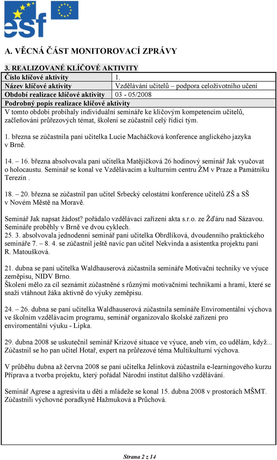 března se zúčastnila paní učitelka Lucie Macháčková konference anglického jazyka v Brně. 14. 16. března absolvovala paní učitelka Matějíčková 26 hodinový seminář Jak vyučovat o holocaustu.