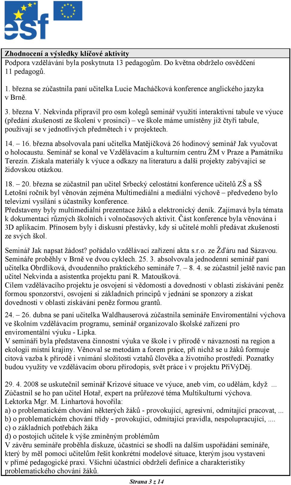 předmětech i v projektech. 14. 16. března absolvovala paní učitelka Matějíčková 26 hodinový seminář Jak vyučovat o holocaustu.