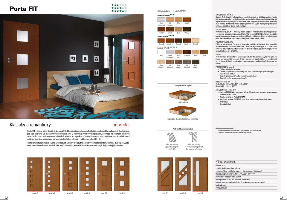 Konstrukci křídla doplňuje skleněná výplň nebo plný panel (oboustranně opláštěný 8 mm HDF deskou). Profil hrany dveří K hranatý.