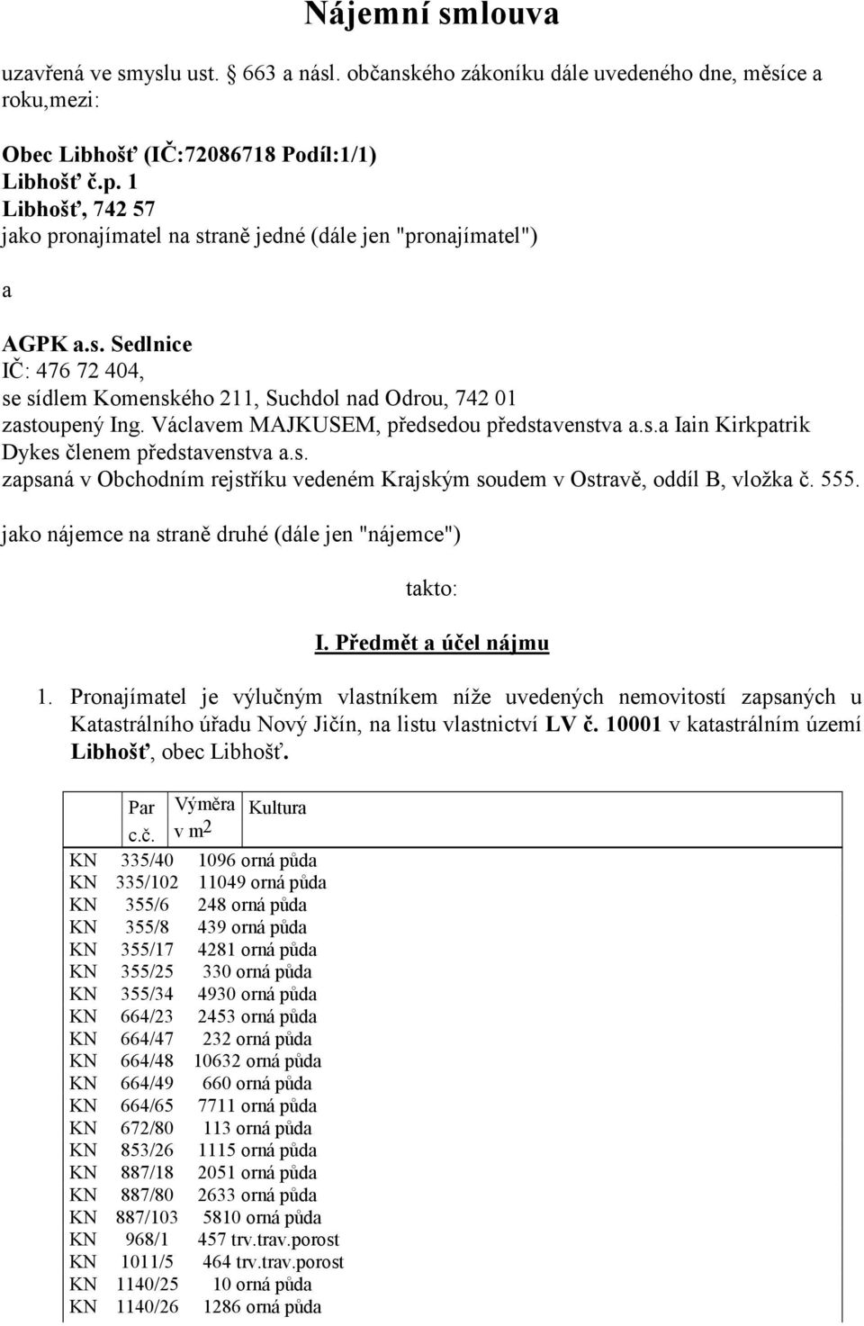 Václavem MAJKUSEM, předsedou představenstva a.s.a Iain Kirkpatrik Dykes členem představenstva a.s. zapsaná v Obchodním rejstříku vedeném Krajským soudem v Ostravě, oddíl B, vložka č. 555.