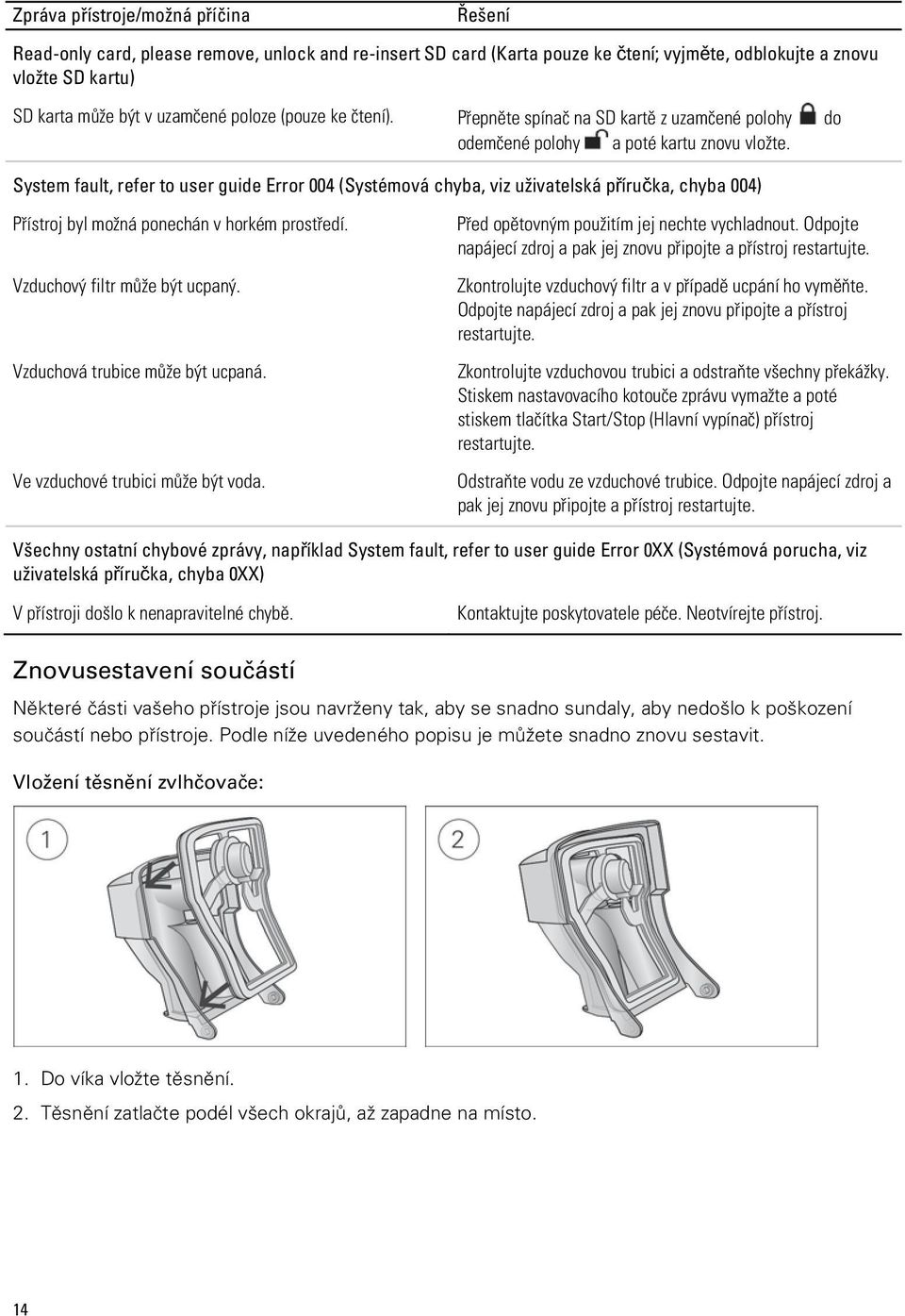 System fault, refer to user guide Error 004 (Systémová chyba, viz uživatelská příručka, chyba 004) Přístroj byl možná ponechán v horkém prostředí. Vzduchový filtr může být ucpaný.