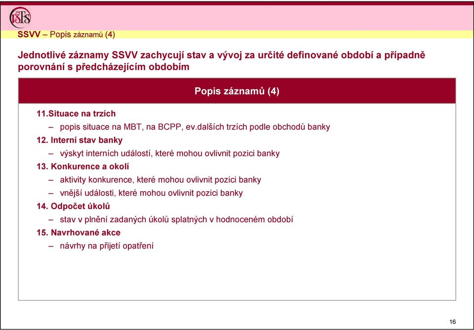 Interní stav banky výskyt interních událostí, které mohou ovlivnit pozici banky 13.