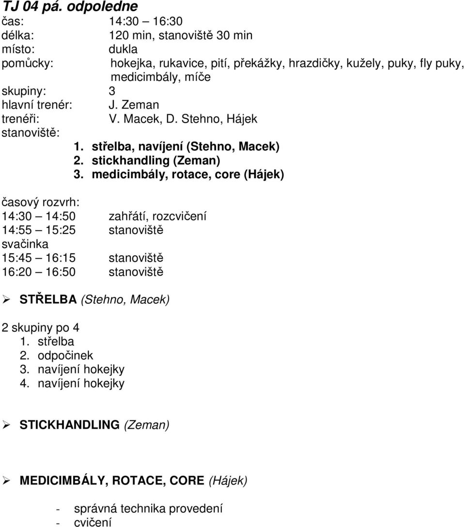 míče skupiny: 3 V. Macek, D. Stehno, Hájek 1. střelba, navíjení (Stehno, Macek) 2. stickhandling (Zeman) 3.