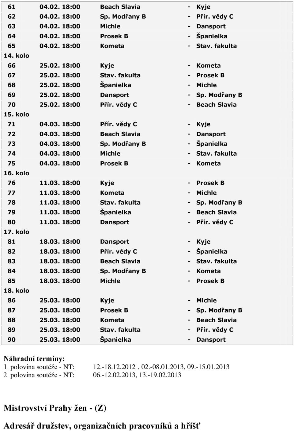kolo 71 04.03. 18:00 Přír. vědy C - Kyje 72 04.03. 18:00 Beach Slavia - Dansport 73 04.03. 18:00 Sp. Modřany B - Španielka 74 04.03. 18:00 Michle - Stav. fakulta 75 04.03. 18:00 Prosek B - Kometa 16.