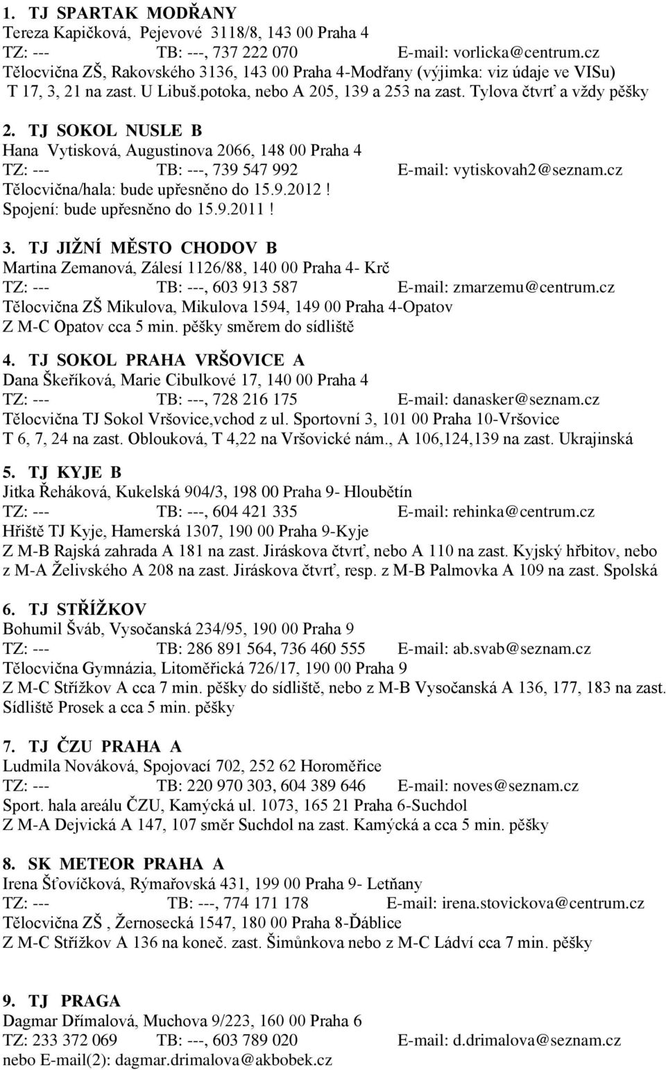 TJ SOKOL NUSLE B Hana Vytisková, Augustinova 2066, 148 00 Praha 4 TZ: --- TB: ---, 739 547 992 E-mail: vytiskovah2@seznam.cz Tělocvična/hala: bude upřesněno do 15.9.2012!