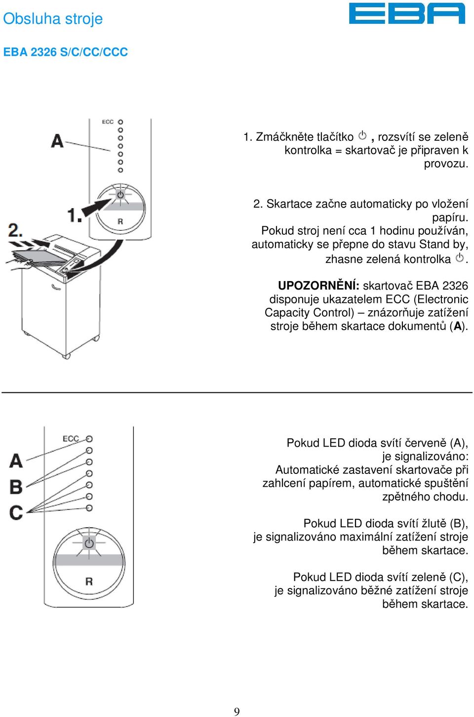 UPOZORNĚNÍ: skartovač EBA 2326 disponuje ukazatelem ECC (Electronic Capacity Control) znázorňuje zatížení stroje během skartace dokumentů (A).