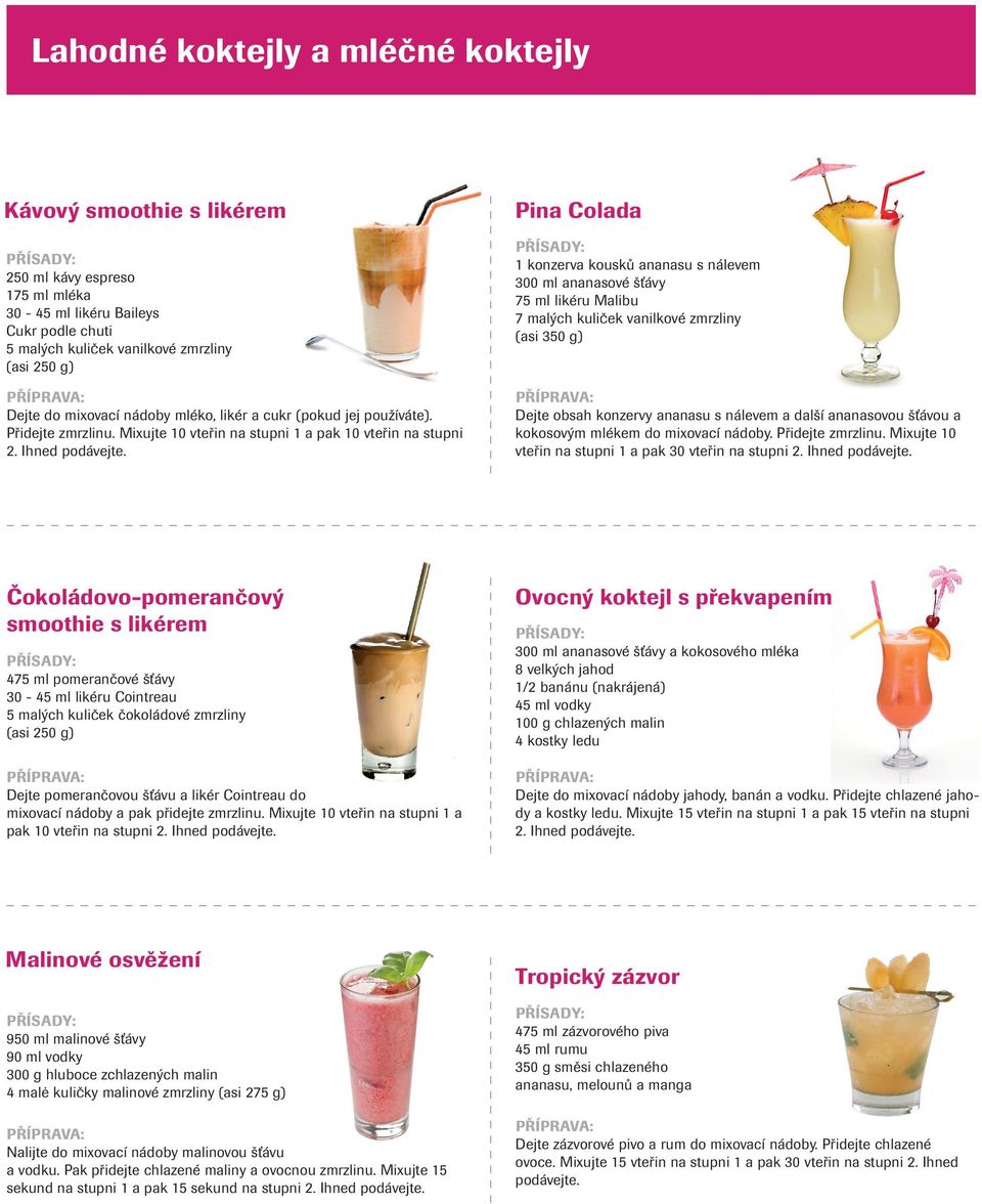 Pina Colada 1 konzerva kousků ananasu s nálevem 300 ml ananasové šťávy 75 ml likéru Malibu 7 malých kuliček vanilkové zmrzliny (asi 350 g) Dejte obsah konzervy ananasu s nálevem a další ananasovou