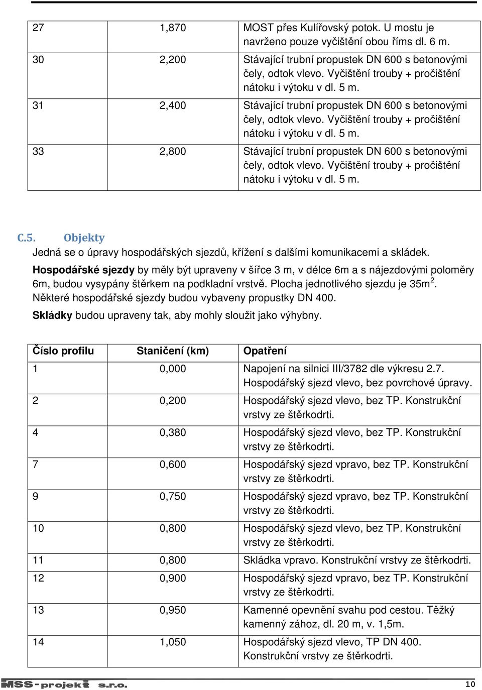 Vyčištění trouby + pročištění nátoku i výtoku v dl. 5 m. C.5. Objekty Jedná se o úpravy hospodářských sjezdů, křížení s dalšími komunikacemi a skládek.