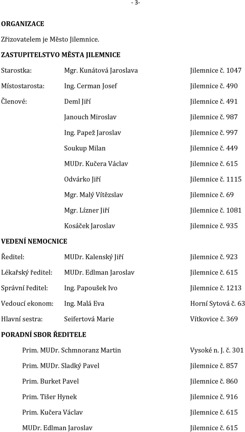 615 Odvárko Jiří Jilemnice č. 1115 Mgr. Malý Vítězslav Jilemnice č. 69 Mgr. Lízner Jiří Jilemnice č. 1081 Kosáček Jaroslav Jilemnice č. 935 VEDENÍ NEMOCNICE Ředitel: MUDr. Kalenský Jiří Jilemnice č.