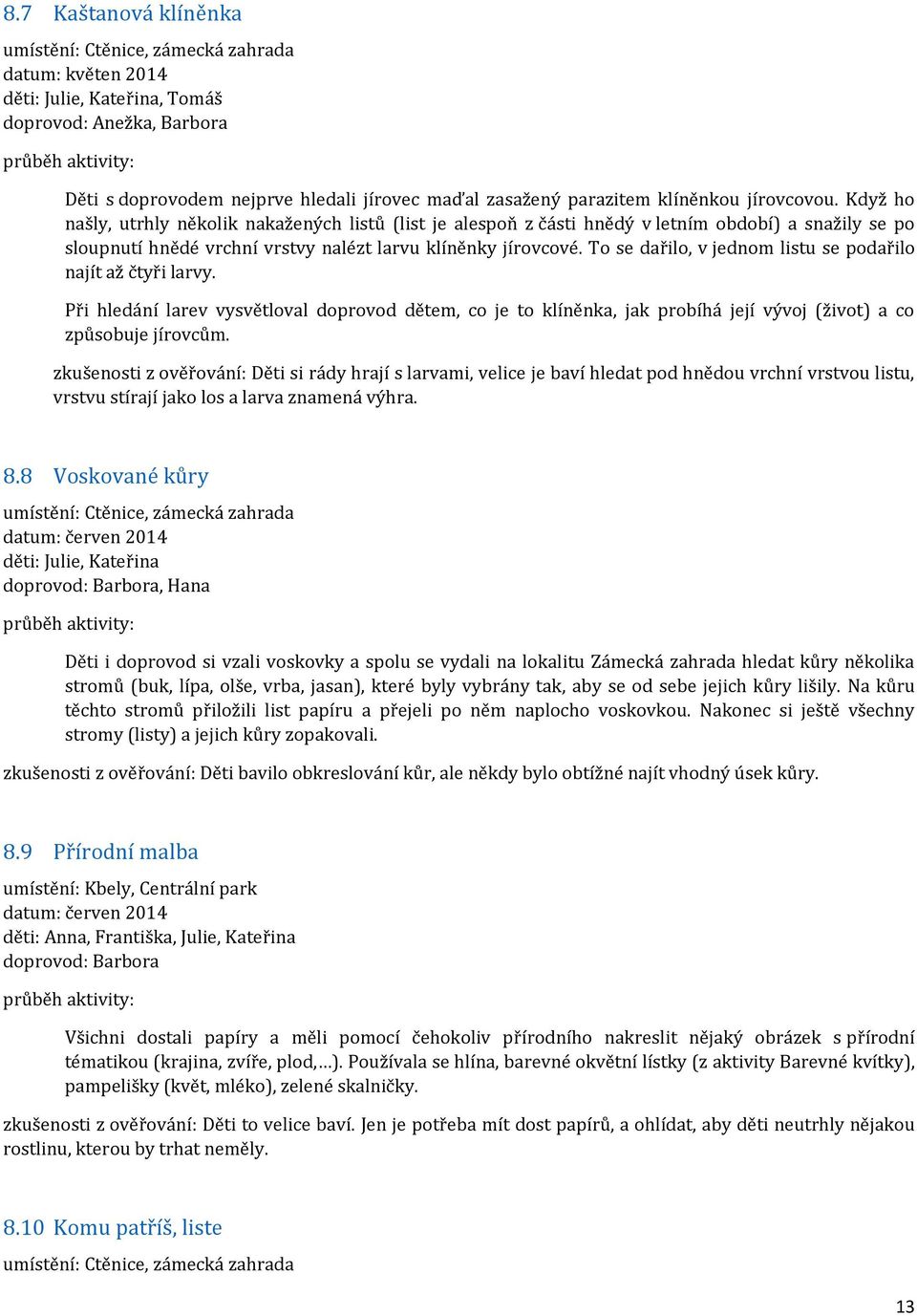Když ho našly, utrhly několik nakažených listů (list je alespoň z části hnědý v letním období) a snažily se po sloupnutí hnědé vrchní vrstvy nalézt larvu klíněnky jírovcové.