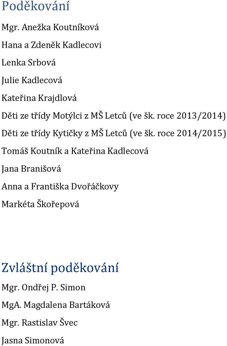 Motýlci z MŠ Letců (ve šk. roce 2013/2014) Děti ze třídy Kytičky z MŠ Letců (ve šk.