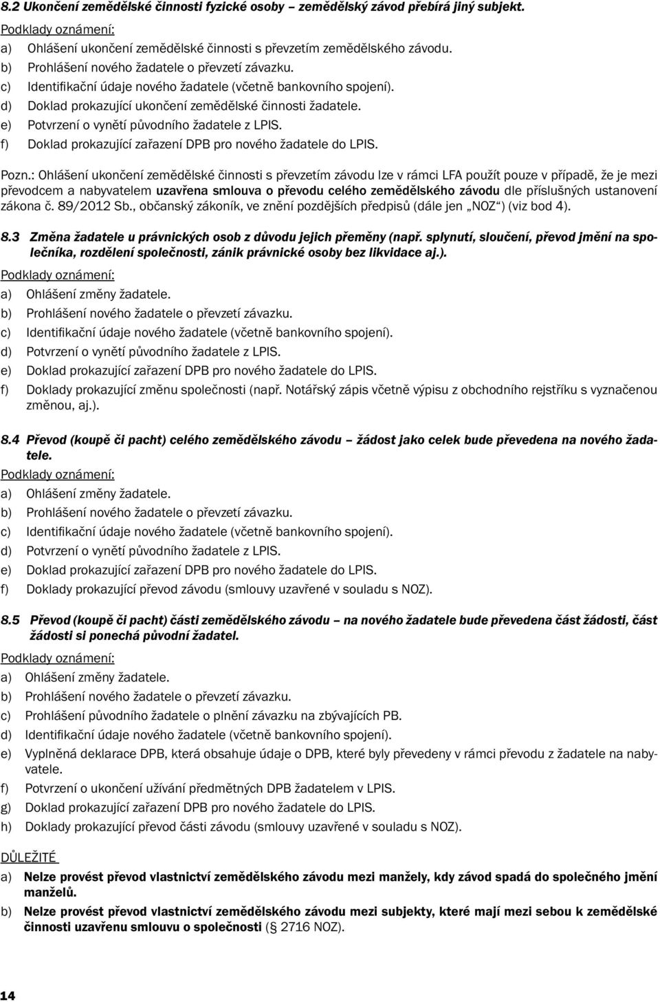 e) Potvrzení o vynětí původního žadatele z LPIS. f) Doklad prokazující zařazení DPB pro nového žadatele do LPIS. Pozn.