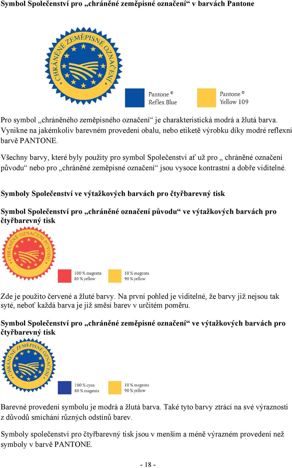 Všechny barvy, které byly pouţity pro symbol Společenství ať uţ pro chráněné označení původu nebo pro chráněné zeměpisné označení jsou vysoce kontrastní a dobře viditelné.