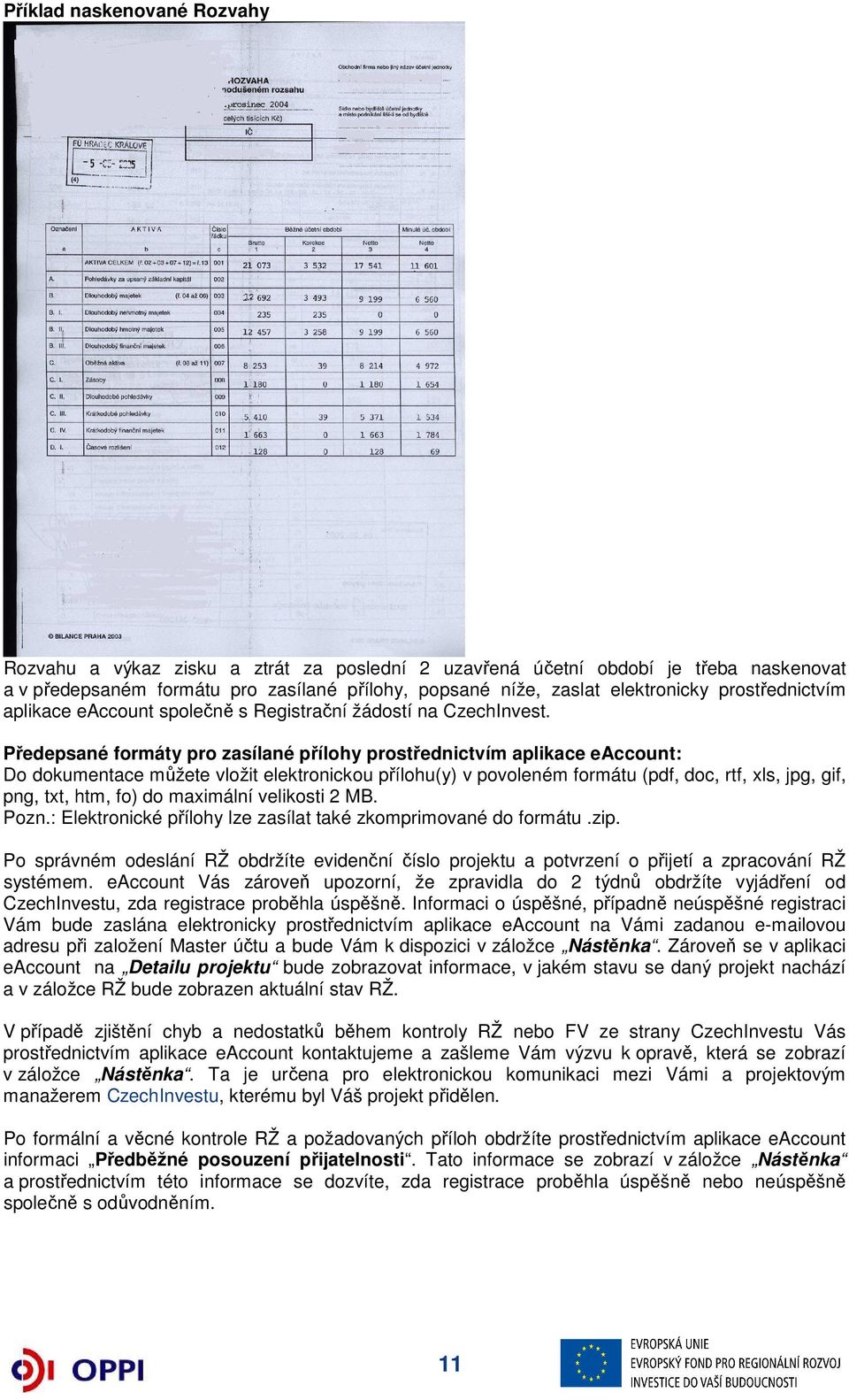 Předepsané formáty pro zasílané přílohy prostřednictvím aplikace eaccount: Do dokumentace můžete vložit elektronickou přílohu(y) v povoleném formátu (pdf, doc, rtf, xls, jpg, gif, png, txt, htm, fo)