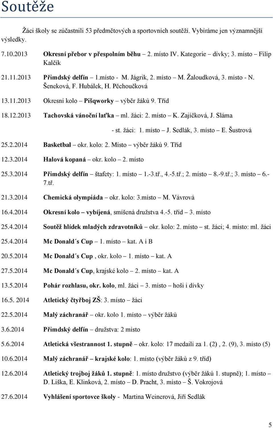 12.2013 Tachovská vánoční laťka ml. žáci: 2. místo K. Zajíčková, J. Sláma - st. žáci: 1. místo J. Sedlák, 3. místo E. Šustrová 25.2.2014 Basketbal okr. kolo: 2. Místo výběr žáků 9. Tříd 12.3.2014 Halová kopaná okr.