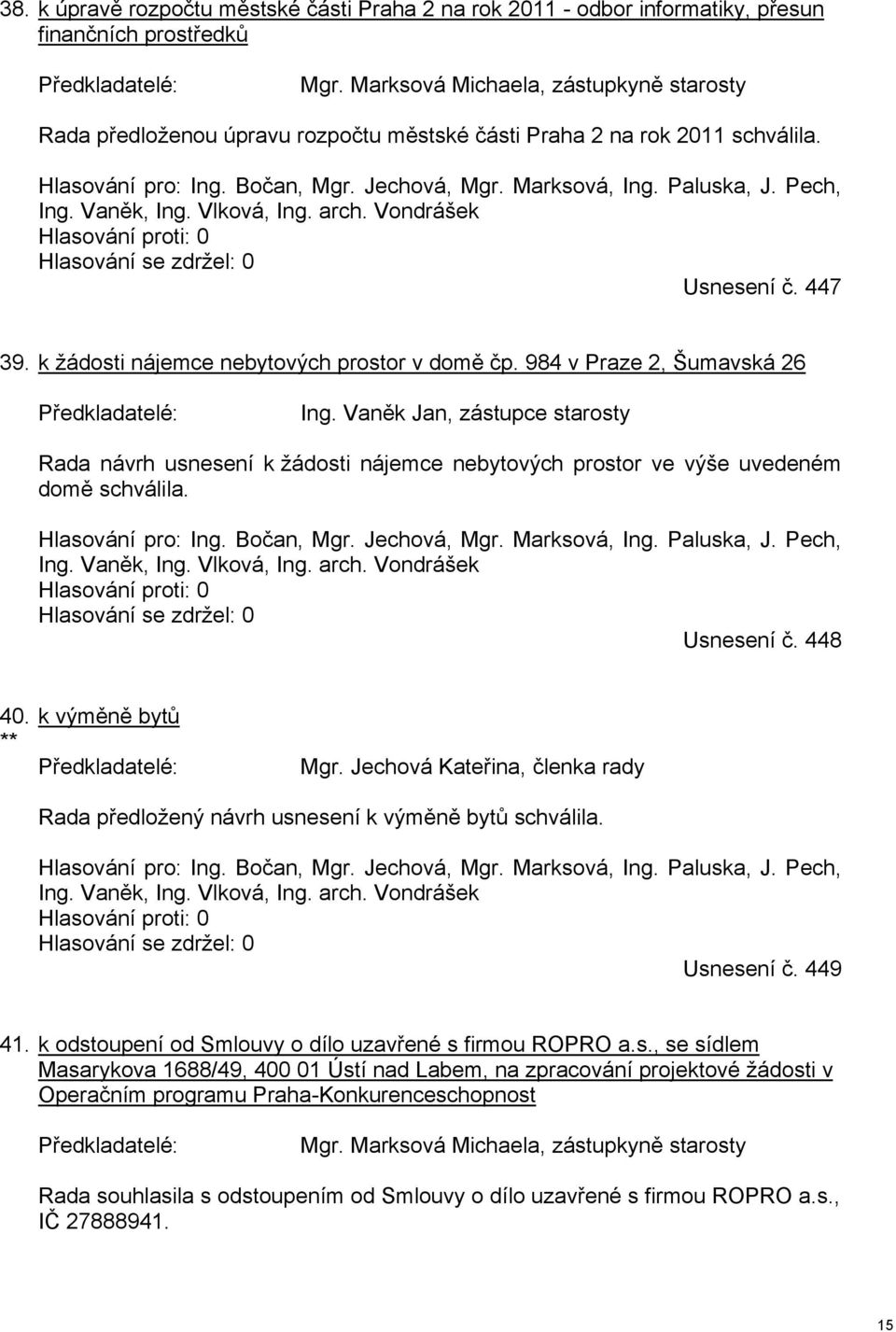 Vaněk, Ing. Vlková, Ing. arch. Vondrášek Usnesení č. 447 39. k žádosti nájemce nebytových prostor v domě čp. 984 v Praze 2, Šumavská 26 Ing.