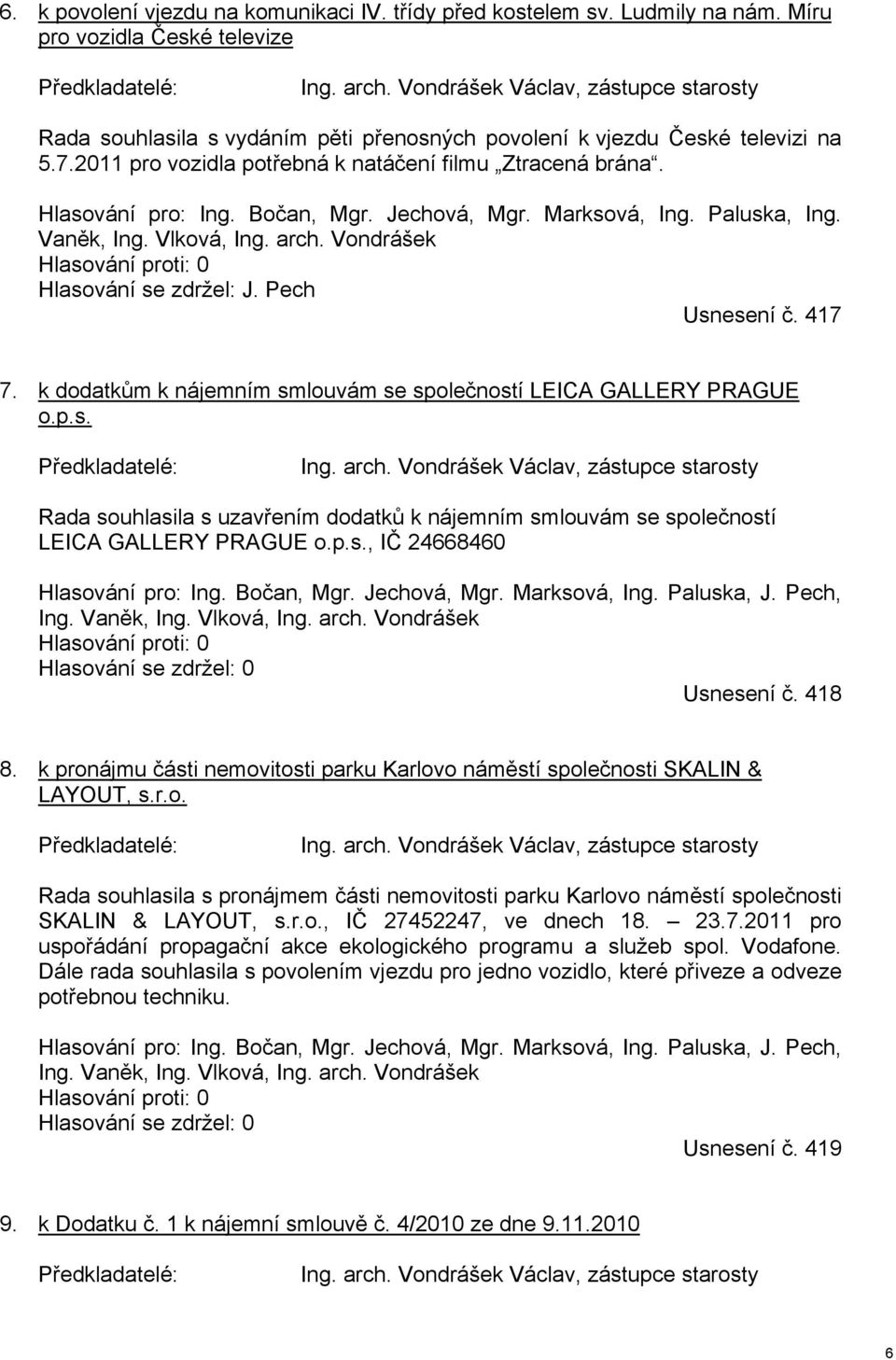 Bočan, Mgr. Jechová, Mgr. Marksová, Ing. Paluska, Ing. Vaněk, Ing. Vlková, Ing. arch. Vondrášek Hlasování se zdržel: J. Pech Usnesení č. 417 7.