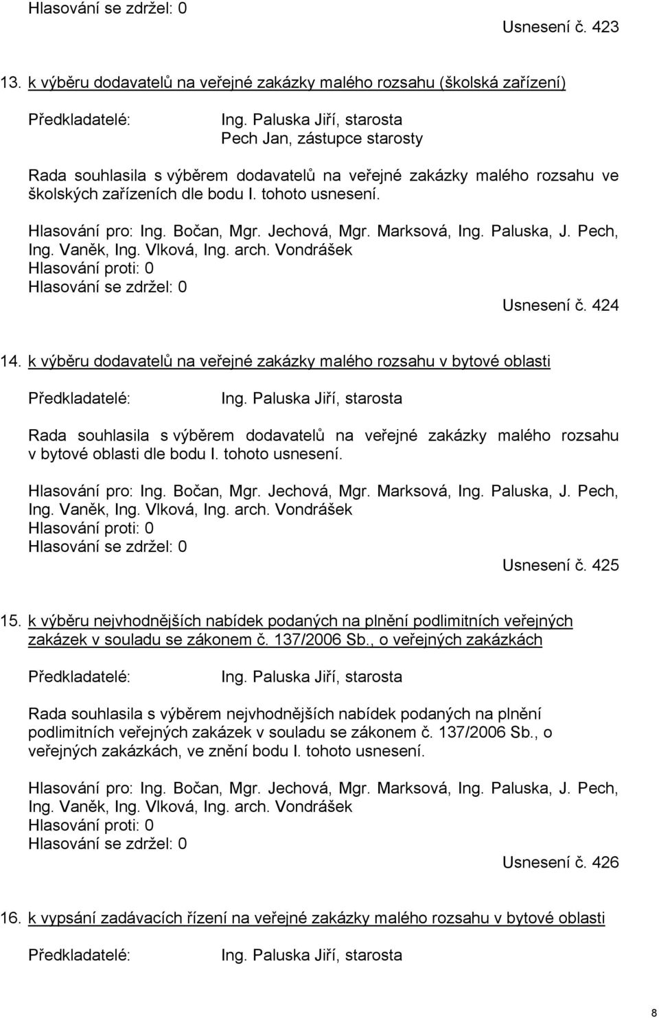 Bočan, Mgr. Jechová, Mgr. Marksová, Ing. Paluska, J. Pech, Ing. Vaněk, Ing. Vlková, Ing. arch. Vondrášek Usnesení č. 424 14. k výběru dodavatelů na veřejné zakázky malého rozsahu v bytové oblasti Ing.