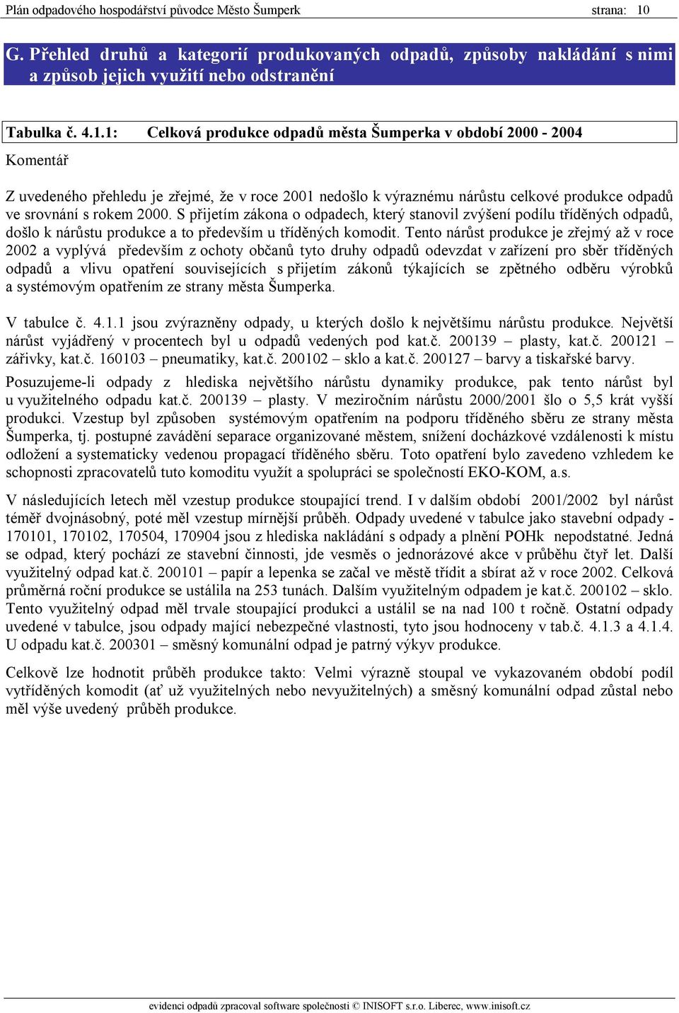 1: Celková produkce odpadů města Šumperka v období 2000-2004 Komentář Z uvedeného přehledu je zřejmé, že v roce 2001 nedošlo k výraznému nárůstu celkové produkce odpadů ve srovnání s rokem 2000.