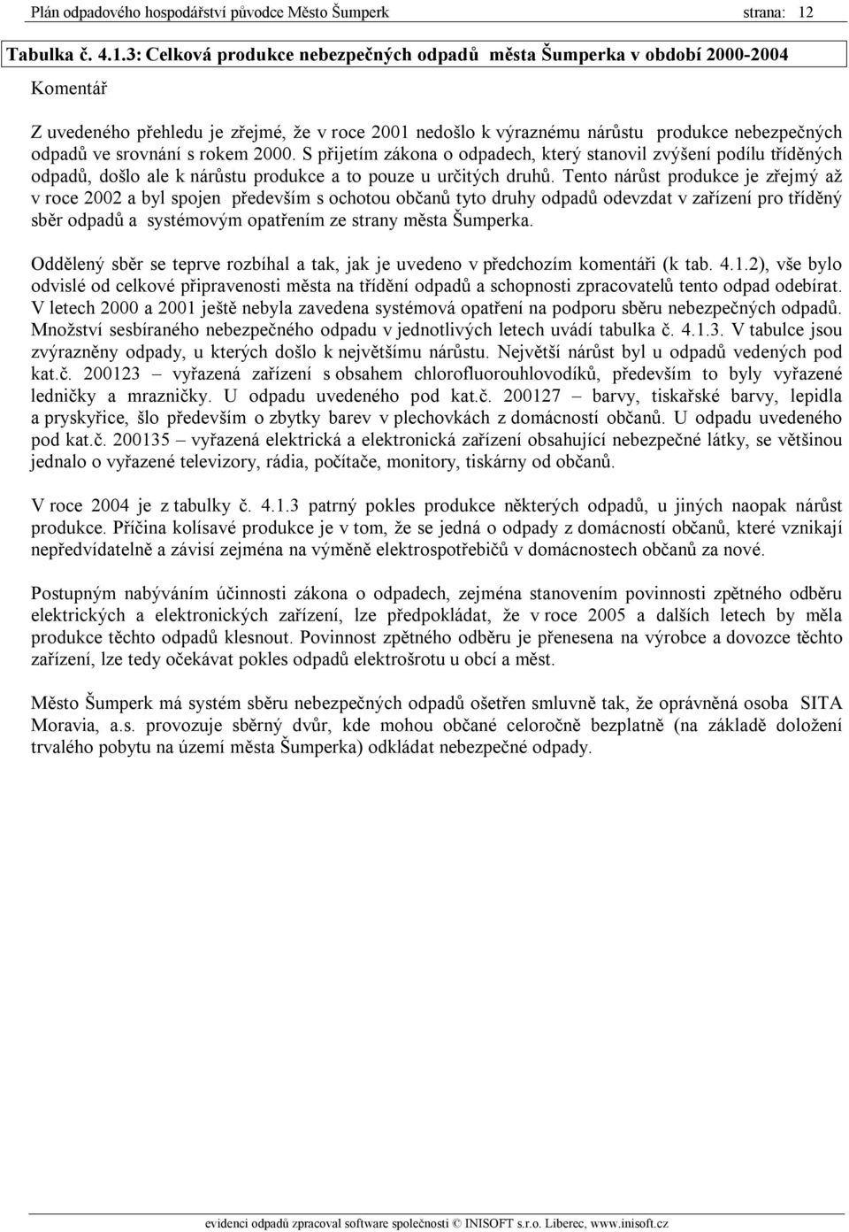 3: Celková produkce nebezpečných odpadů města Šumperka v období 2000-2004 Komentář Z uvedeného přehledu je zřejmé, že v roce 2001 nedošlo k výraznému nárůstu produkce nebezpečných odpadů ve srovnání