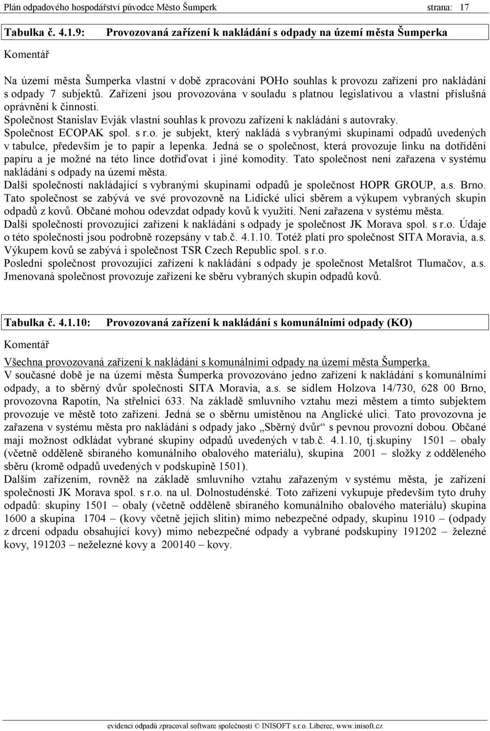 9: Provozovaná zařízení k nakládání s odpady na území města Šumperka Komentář Na území města Šumperka vlastní v době zpracování POHo souhlas k provozu zařízení pro nakládání s odpady 7 subjektů.