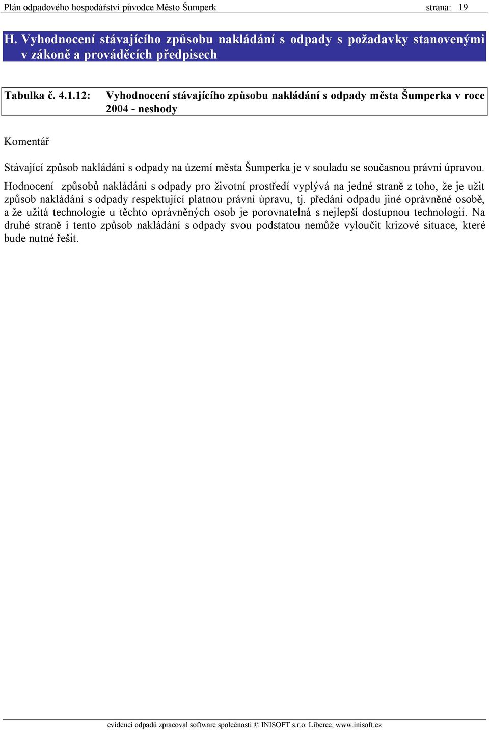12: Vyhodnocení stávajícího způsobu nakládání s odpady města Šumperka v roce 2004 - neshody Komentář Stávající způsob nakládání s odpady na území města Šumperka je v souladu se současnou právní