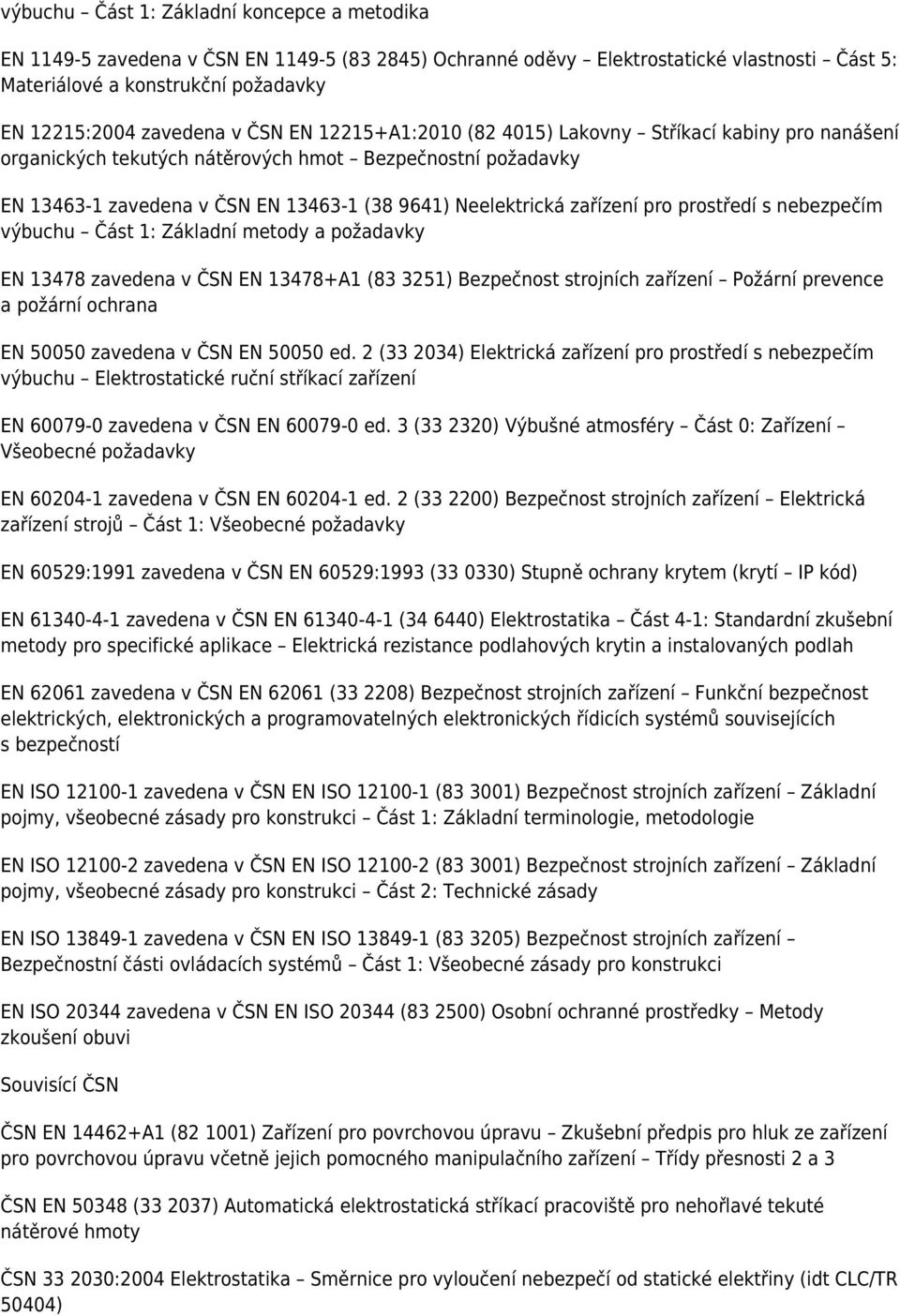 pro prostředí s nebezpečím výbuchu Část 1: Základní metody a požadavky EN 13478 zavedena v ČSN EN 13478+A1 (83 3251) Bezpečnost strojních zařízení Požární prevence a požární ochrana EN 50050 zavedena