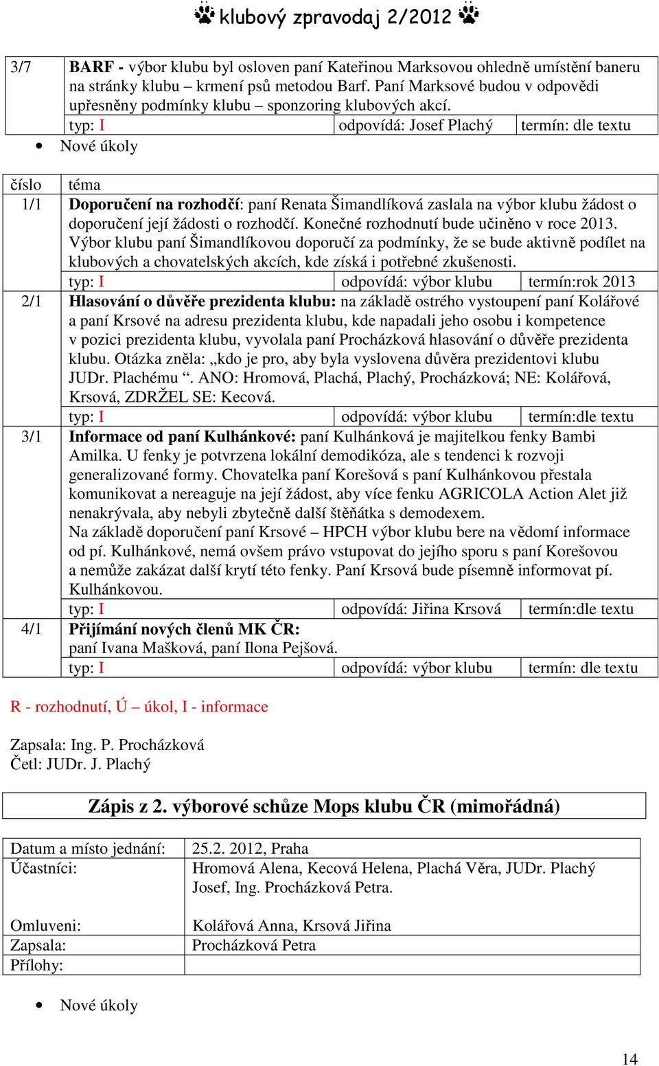 typ: I odpovídá: Josef Plachý termín: dle textu Nové úkoly číslo 1/1 2/1 3/1 4/1 téma Doporučení na rozhodčí: paní Renata Šimandlíková zaslala na výbor klubu žádost o doporučení její žádosti o