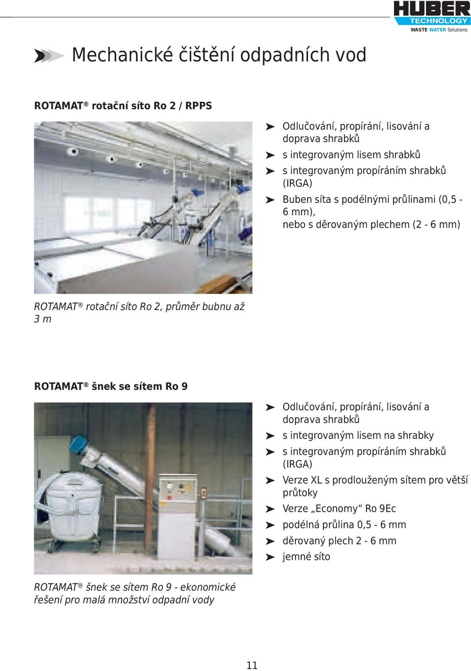šnek se sítem Ro 9 Odlučování, propírání, lisování a doprava shrabků s integrovaným lisem na shrabky s integrovaným propíráním shrabků (IRGA) Verze XL s prodlouženým sítem