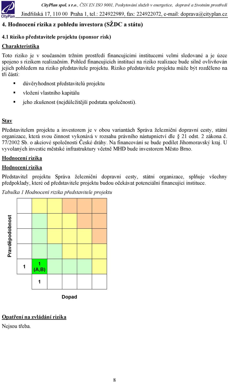 Pohled financujících institucí na riziko realizace bude silně ovlivňován jejich pohledem na riziko představitele projektu.