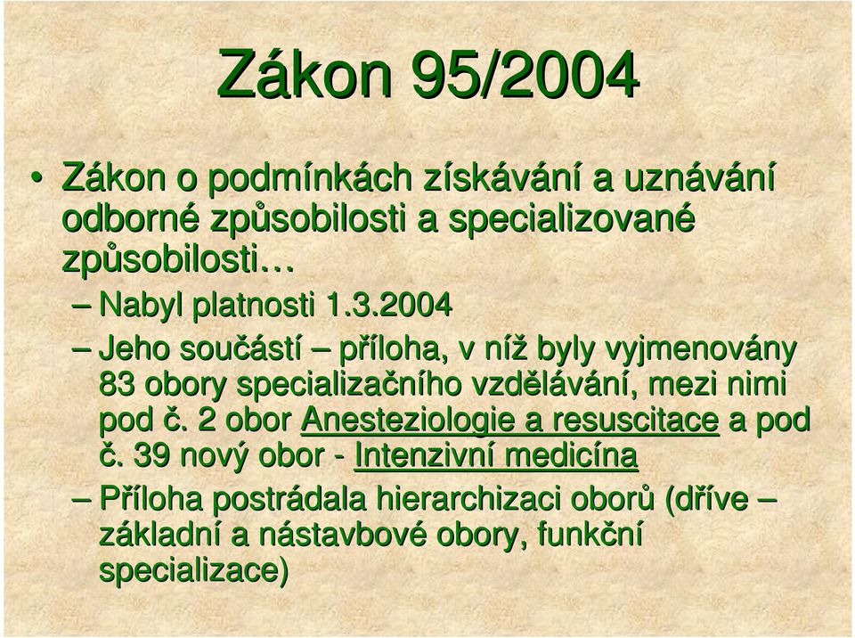 2004 Jeho součást stí příloha, v nížn byly vyjmenovány ny 83 obory specializačního vzdělávání,, mezi nimi pod