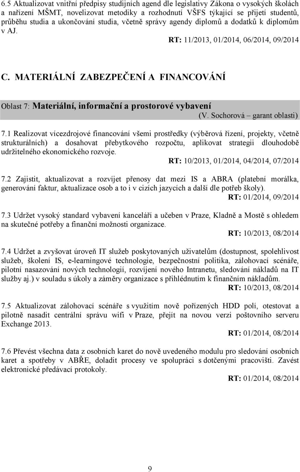 MATERIÁLNÍ ZABEZPEČENÍ A FINANCOVÁNÍ Oblast 7: Materiální, informační a prostorové vybavení (V. Sochorová garant oblasti) 7.